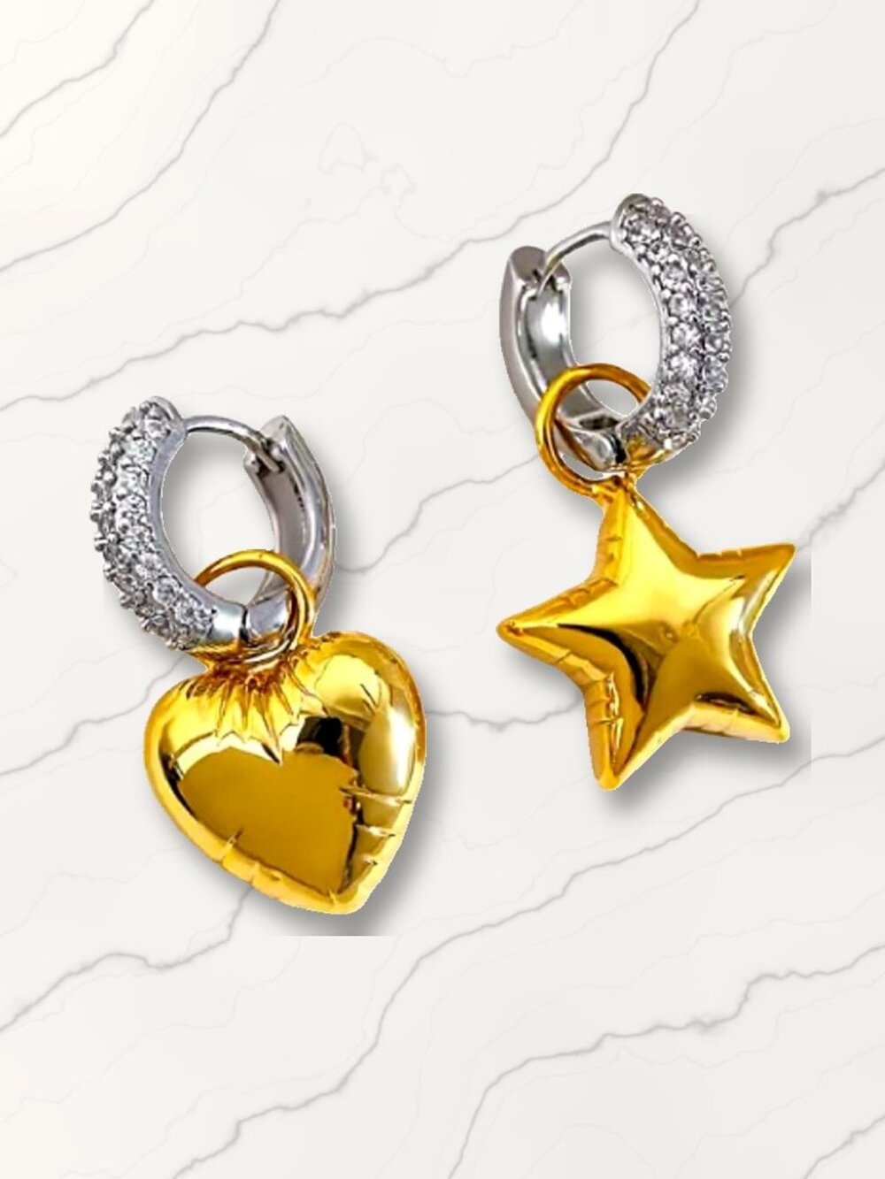 Mismatched Star and Heart Charm Huggie Hoops, Pave Crystal, Gold Plated NWT